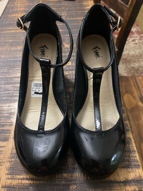 Black Patent T-Strap Heels with Ankle Buckle